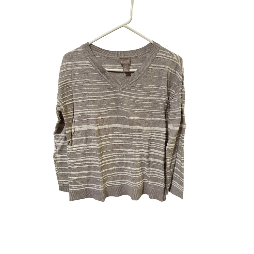 Chicos Size 1 Medium V-Neck Textured Stripe Sweater Taupe White Cotton Blend‎